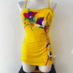 Vintage 80s yellow floral skirt front one piece swimsuit bathing suit